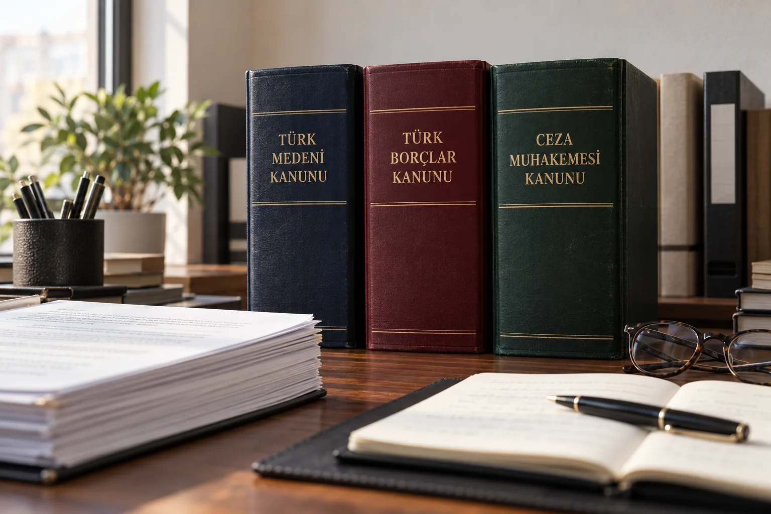 Türkçe kanun kitapları ve dosyalarla hukuki araştırmayı gösteren temsili görsel